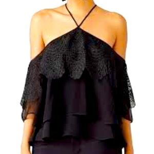 Cinq A Sept Tiered Lace Blouse XS Black Silk Cold Shoulder Evening Party Flowy